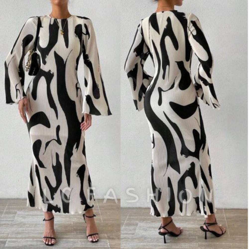 Mermaid Dress, Bell Sleeve Dress,Allover Print Flounce Sleeve Mermaid Hem Dress